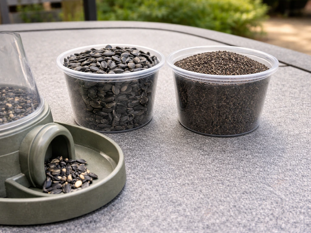 Close-up of two seed containers and a generic bird feeder base suggesting different refill needs.