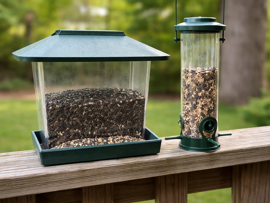 Two bird feeders side-by-side—hopper partially full and tube lower—to suggest different refill intervals.