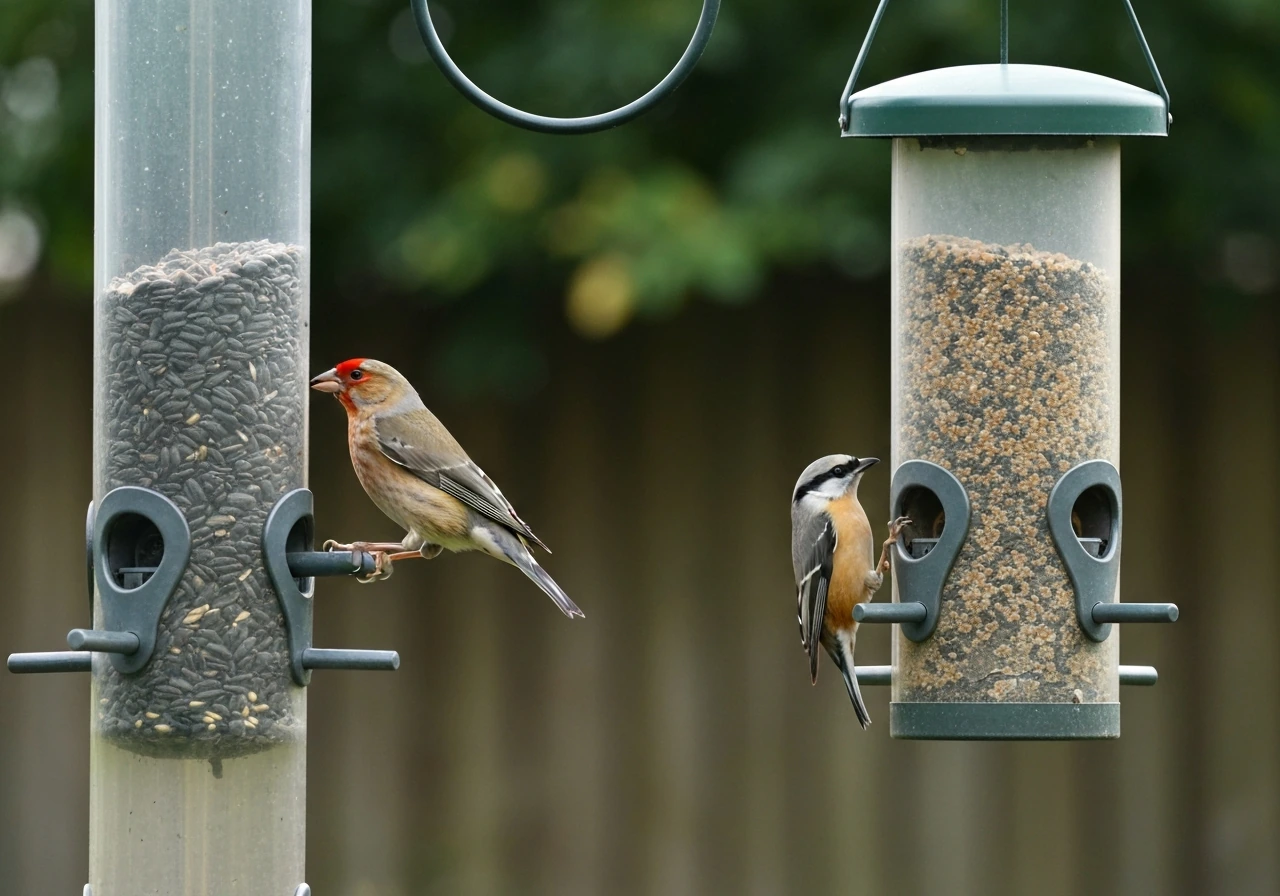 Small finch at a tube feeder and nuthatch at a hopper feeder in a simple backyard setting.