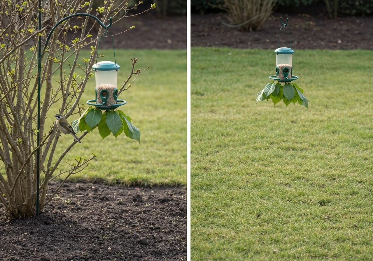 Bird perched at a feeder near shrubs, contrasting with a more exposed feeding spot farther from cover.