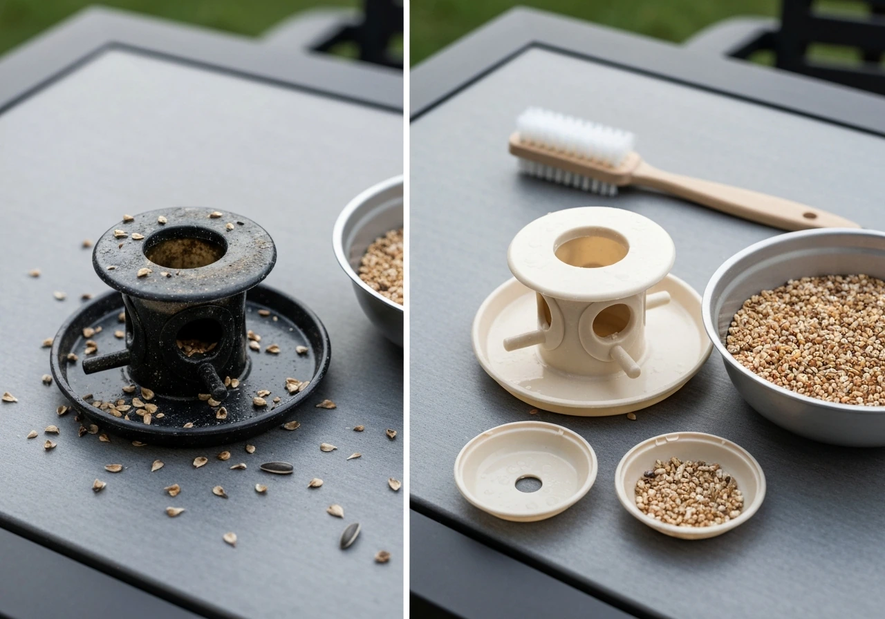 Close-up before/after: dirty bird feeder parts with seed hulls, beside freshly cleaned feeder components and refill seed