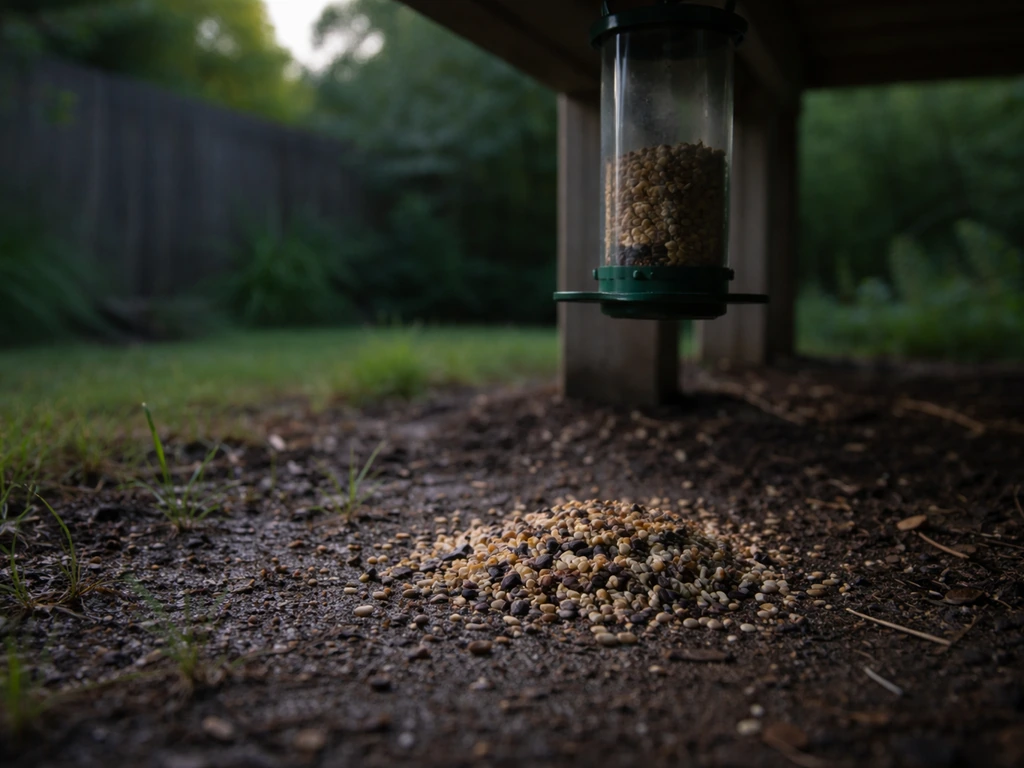 Bird feeder with scattered spilled seed and hulls on the ground beneath it, hinting at rodent prey.