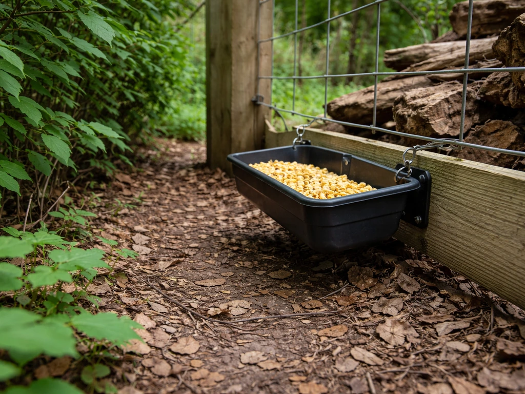 Low feeder hanging beside a fence, close to thick shrubs and a woodpile on the ground.