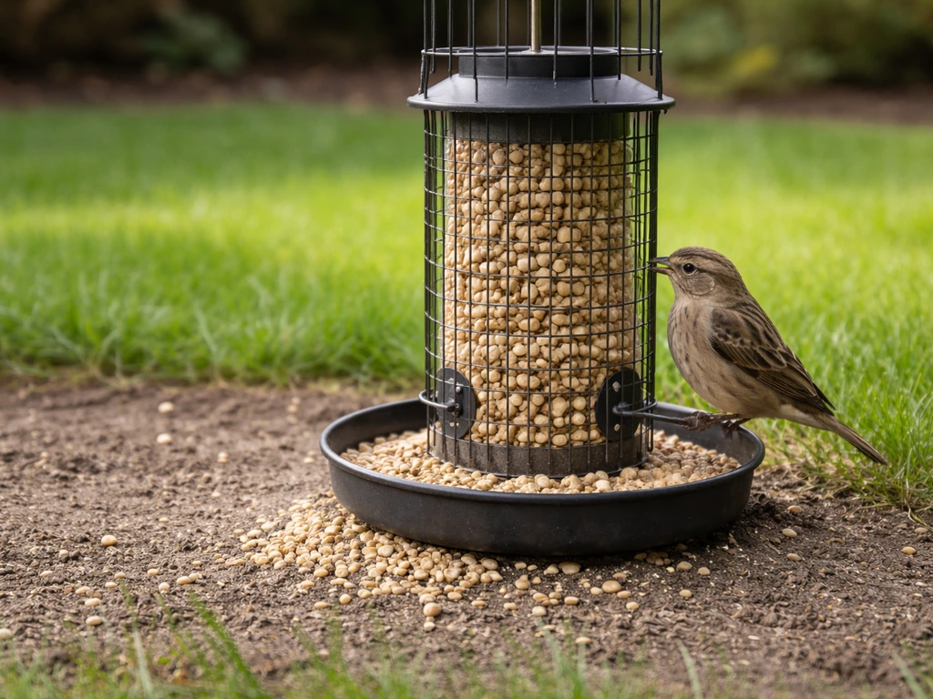 Bird feeder with shelled sunflower hearts and peanuts, with clean ground showing minimal hulls