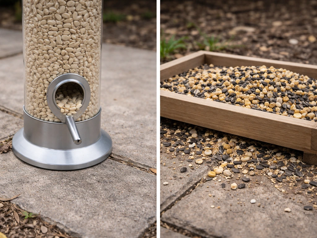 Close-up of a simple bird feeding setup with a tube feeder of sunflower hearts beside a messy seed tray
