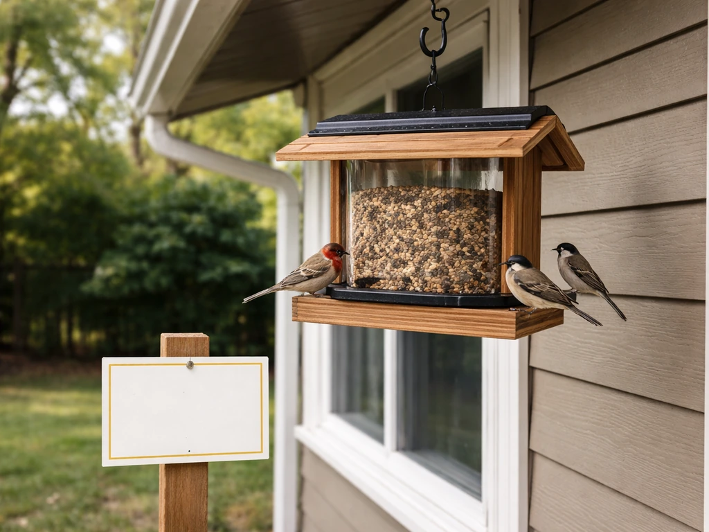 Backyard bird feeder near a window with a small warning card beside it, birds perched safely