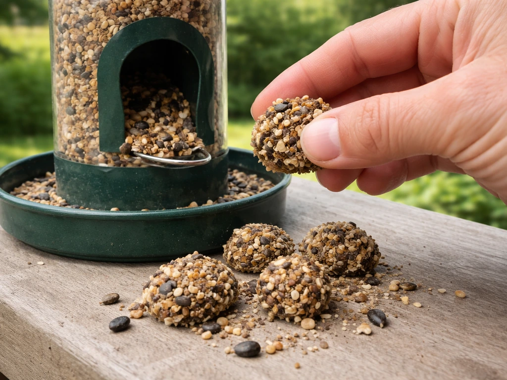 Close-up of a hand pulling clumped birdseed from a feeder and inspecting it outdoors