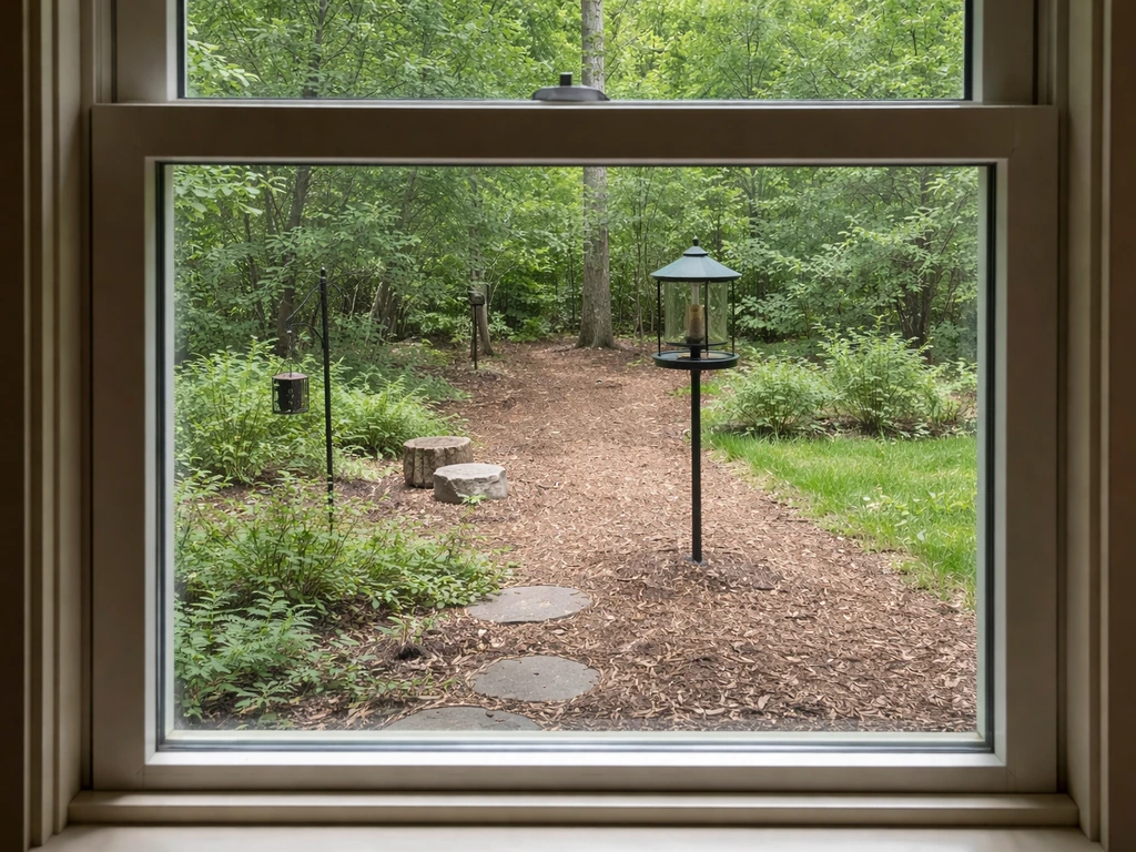 House window and bird feeder placement showing a hazardous feeder-to-window distance range.