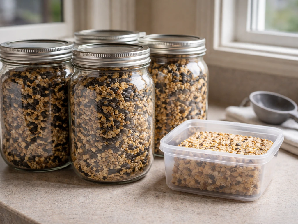 Clean sealed jars holding dry bird seed and suet, emphasizing proper storage to prevent mold.
