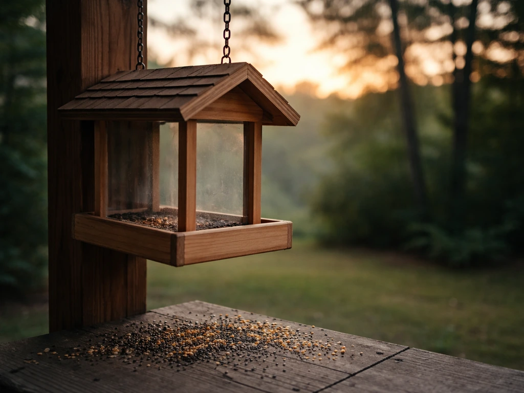 Empty bird feeder at dawn with scattered seeds on the ground beneath it.