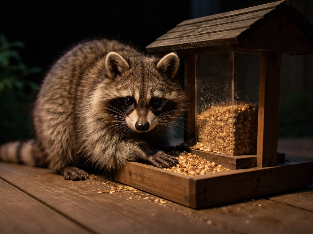 A raccoon at a backyard bird feeder at night, lit by porch light before morning.