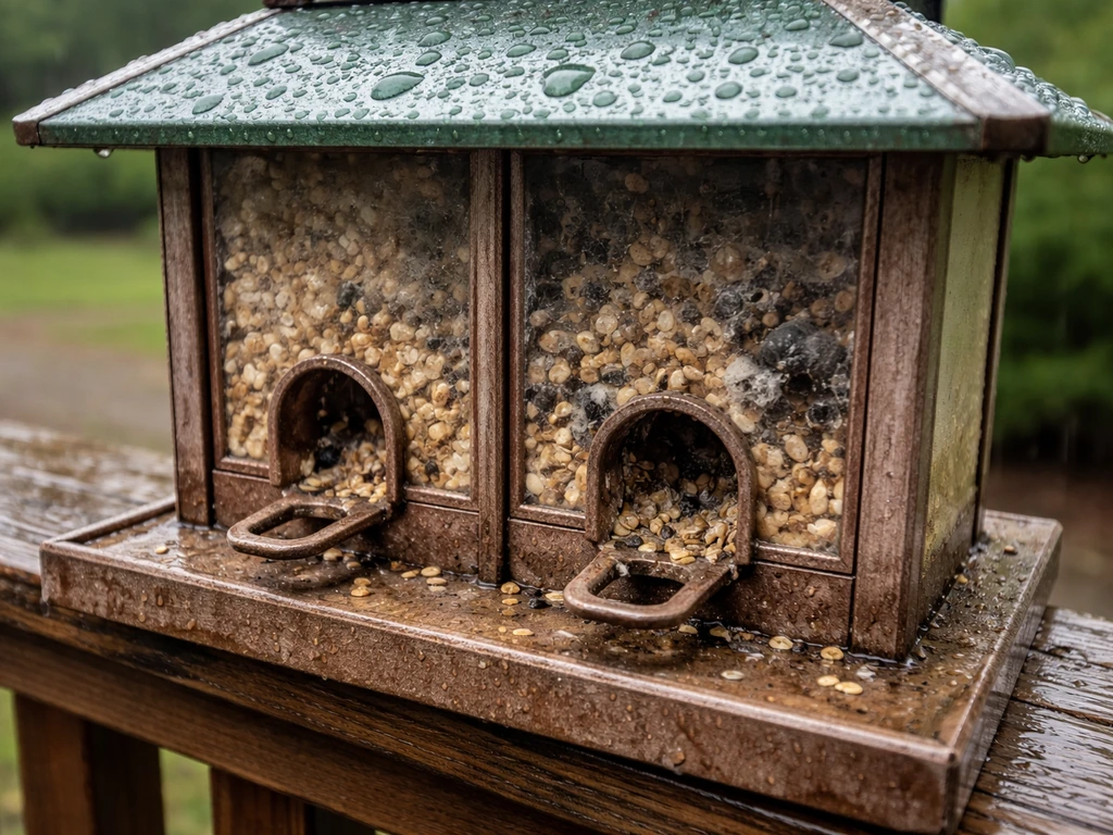 Damp bird feeder with clumped, moldy seed around the feeder ports in rainy, humid conditions