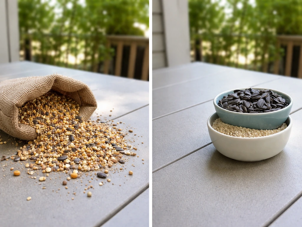 Mixed birdseed spills from an open bag beside neatly contained single-ingredient seed in bowls.