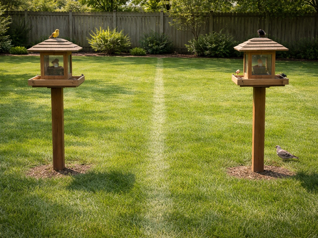 Two bird feeders spaced apart on a backyard lawn, showing ideal distance to reduce chasing and mess.