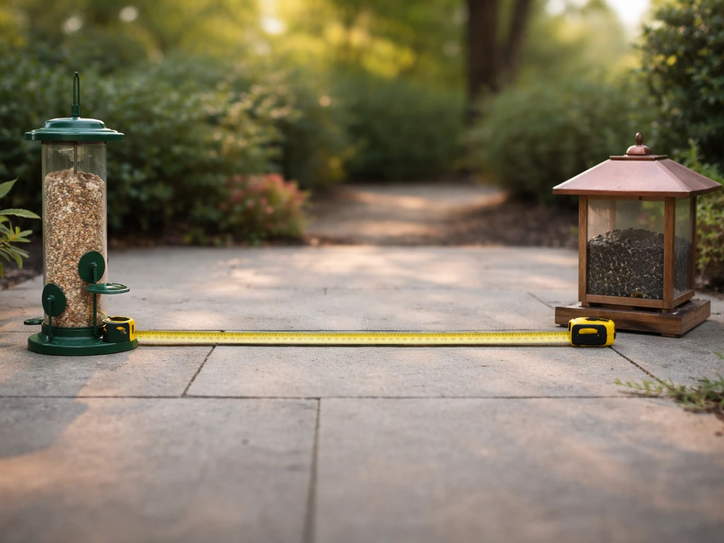 Two bird feeders outdoors with a measuring tape laid between them to show a 10-foot distance.
