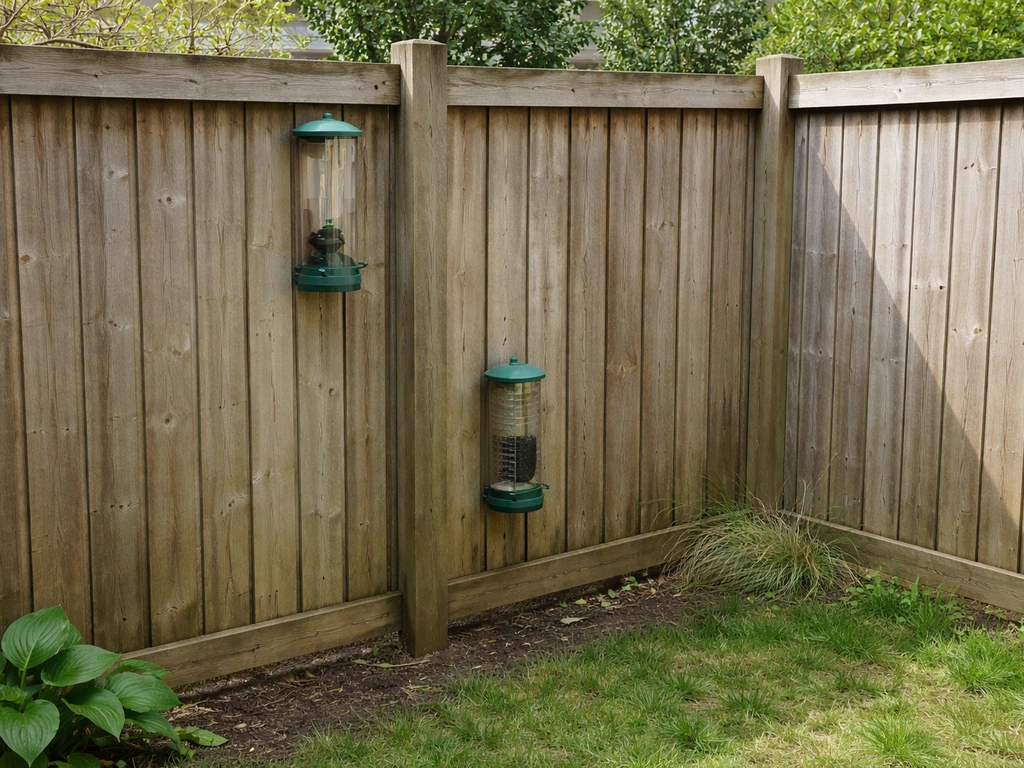 Small backyard with two bird feeders mounted at different heights on a simple wooden fence