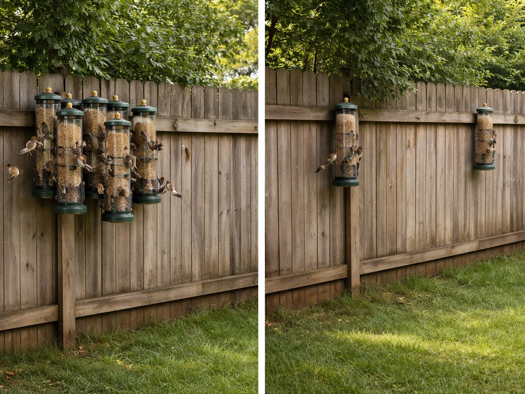 Split view backyard corner: many feeders clustered vs two feeders spaced apart with fewer birds.
