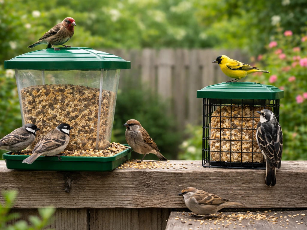 Backyard bird feeding station with small wild birds on seed and suet/nectar feeders