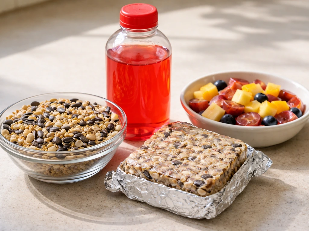 Close-up assortment of bird feed types—seed mix, suet, nectar feeder fluid, and fruit—on a kitchen countertop.