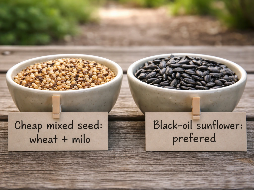 Two open bowls of bird feed side-by-side: cheap mixed grains vs black-oil sunflower seeds.