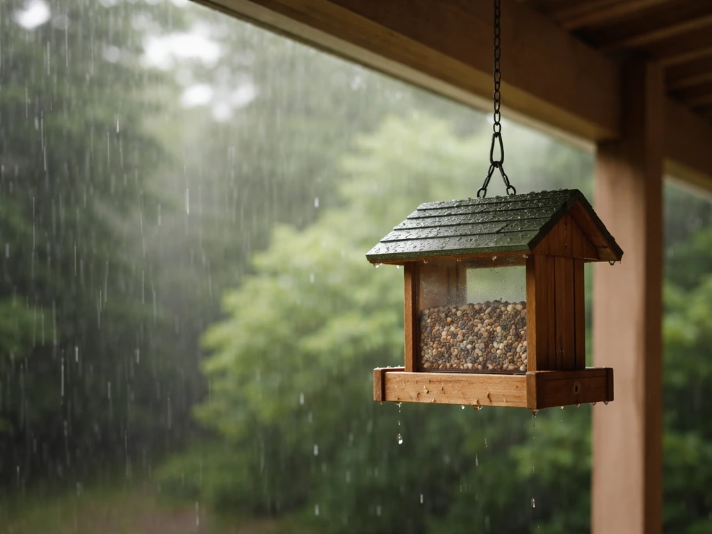 Wooden bird feeder under porch eave with raindrops in the background, showing it stays protected.