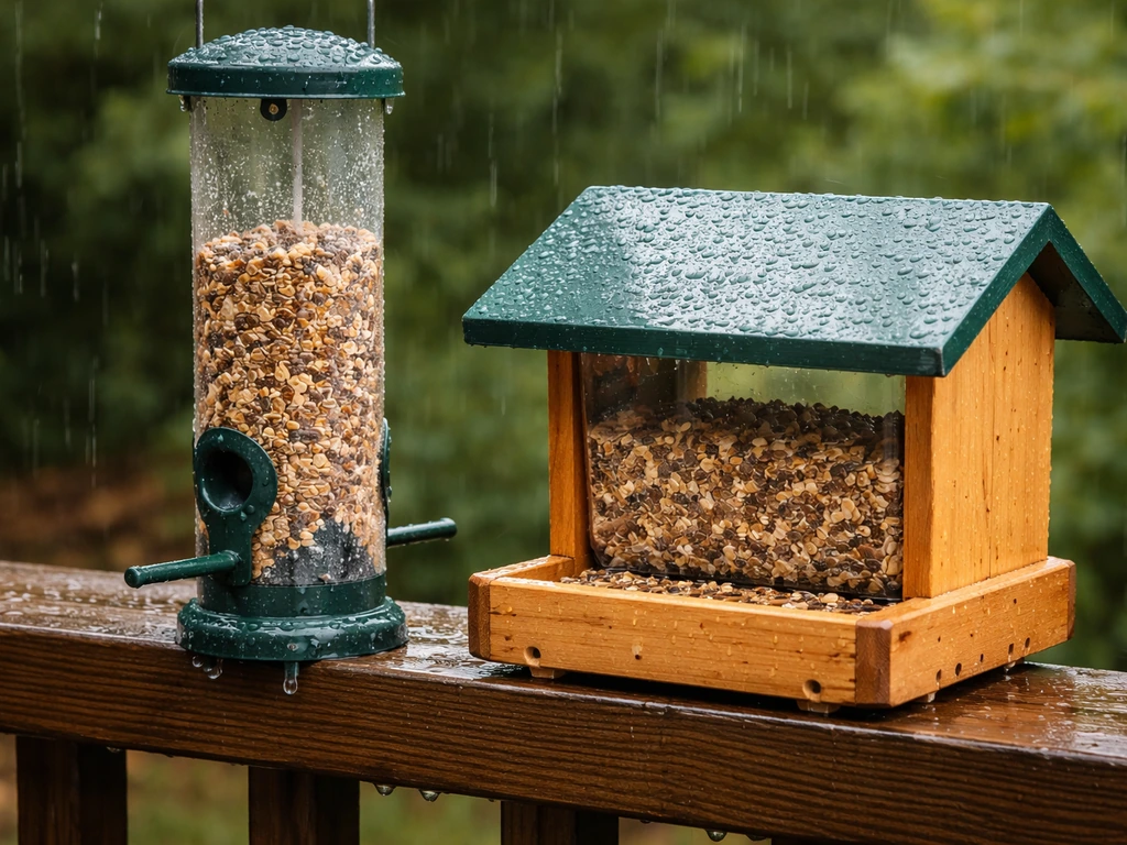 A tube and hopper bird feeder with small drainage holes as light rain beads on the enclosed seed.