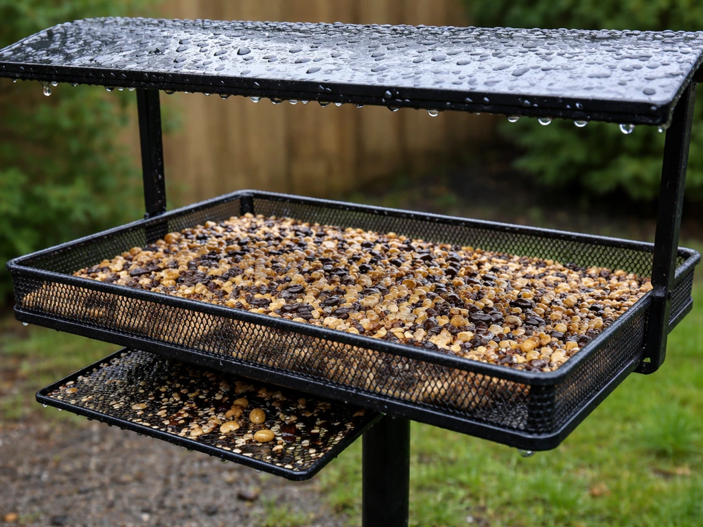 A rain-damp platform seed feeder with open trays and spilled seeds on the ground.