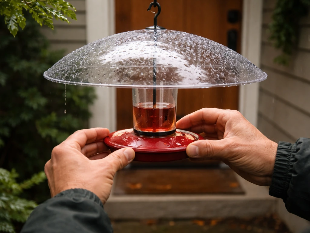 Anonymous hands adjusting a covered bird feeder with rain droplets visible nearby.