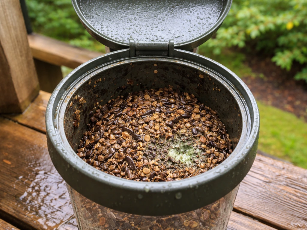 Open bird feeder showing damp clumped, discolored seed and faint visible mold inside.