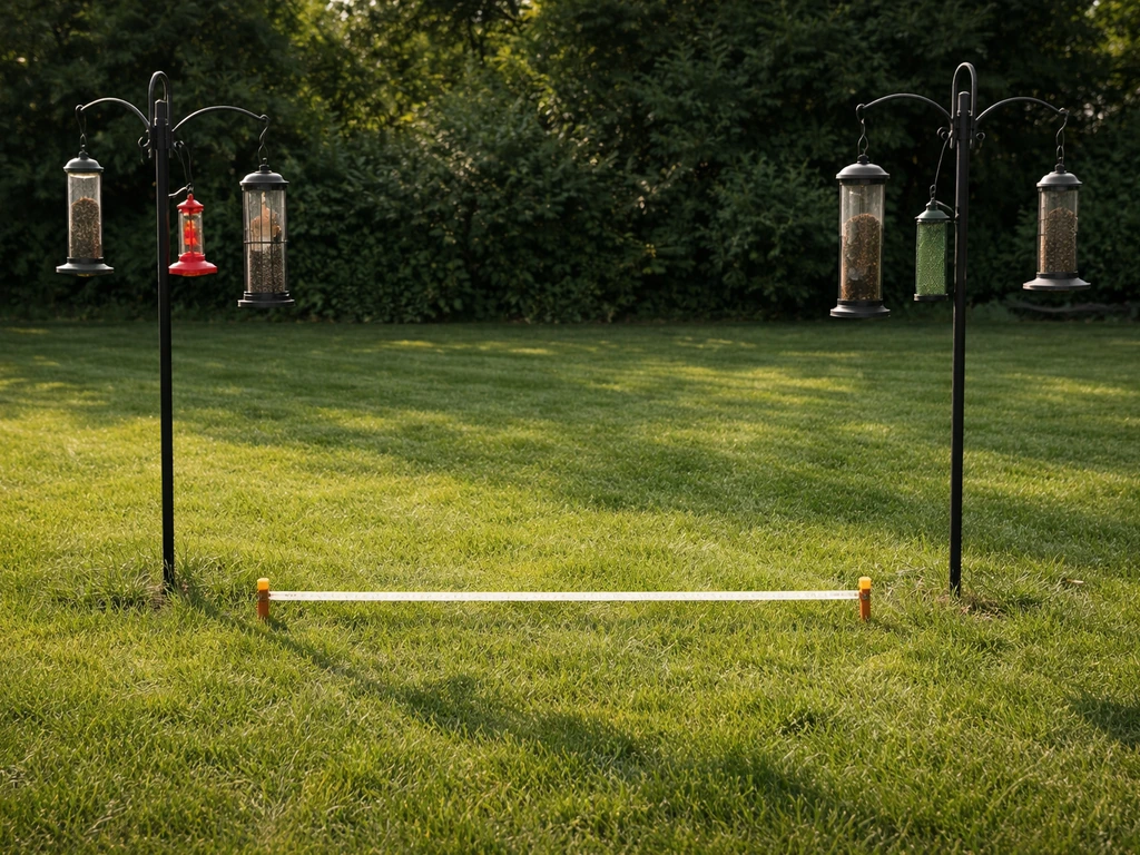 Backyard view showing two bird feeder stations spaced 10–20 feet apart on a simple lawn layout.