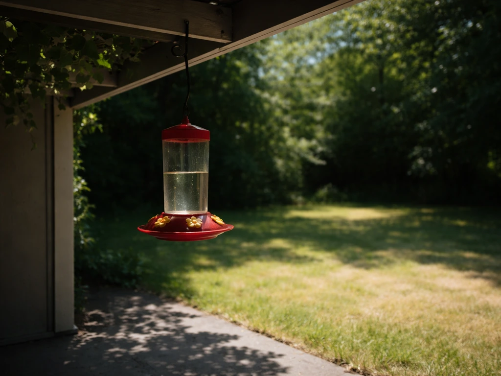 Hummingbird feeder hanging under porch shade beside a sunlit area with strong contrast