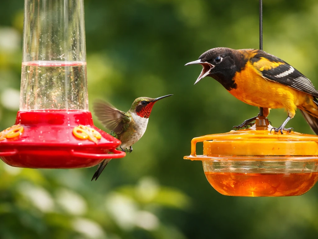 Hummingbird hovers at a feeder while a larger nectar bird perches nearby, guarded separation visible.