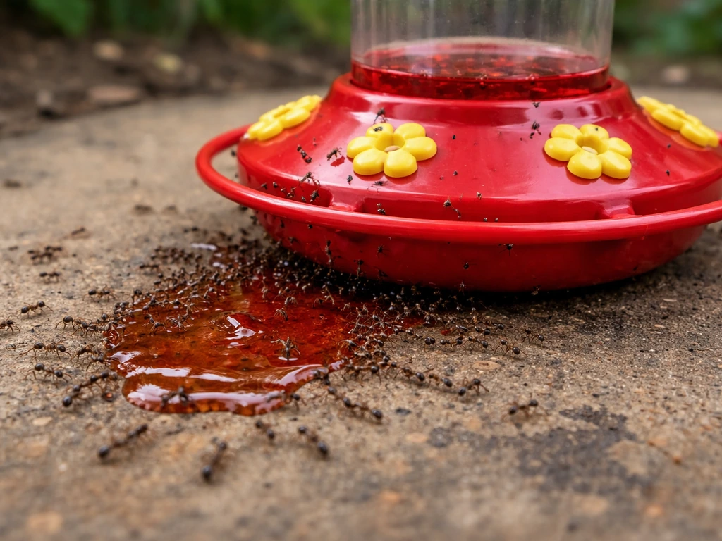 Close-up of ants swarming around a hummingbird nectar feeder with visible spilled nectar on the ground.