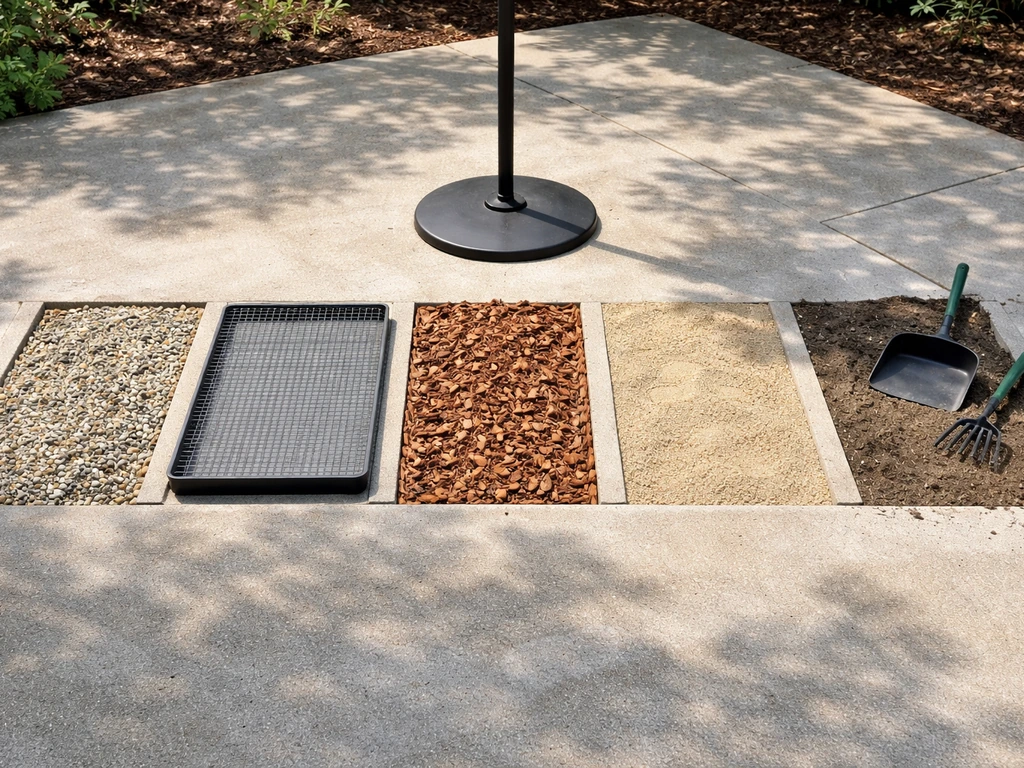 Side-by-side ground-cover options under a bird feeder: gravel, hardware cloth tray, cedar mulch, sand, and bare ground.
