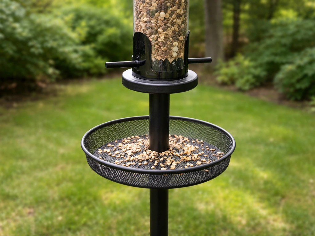 Bird feeder pole with a mounted seed catcher tray holding spilled birdseed above the ground