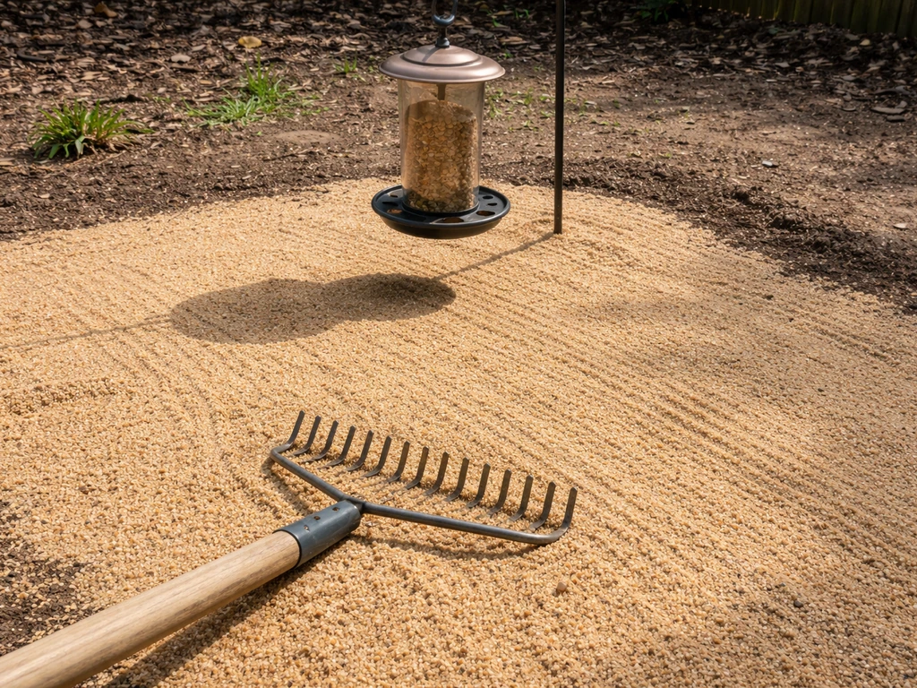 Coarse builder’s sand under a bird feeder leveled with a rake for drainage.