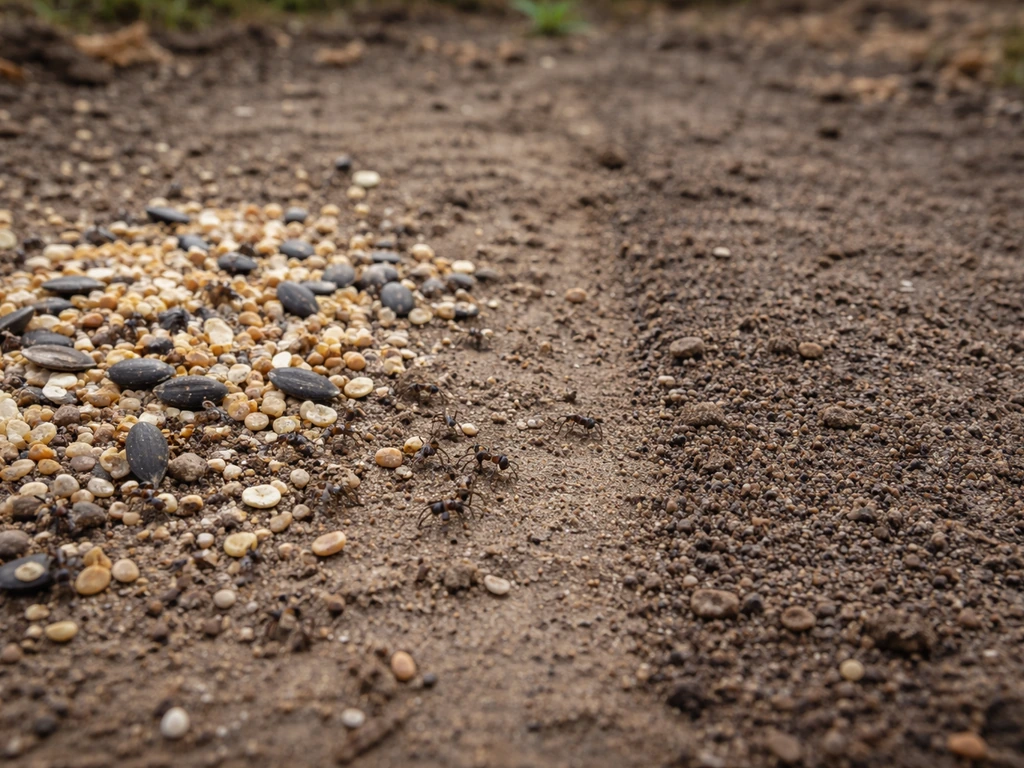 Spilled birdseed and hulls on bare soil with a few ants nearby, next to a clean patch with no debris.