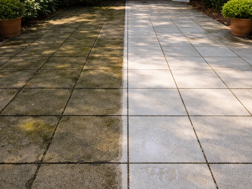 Split sunlit patio showing dark moldy pavers on one side and bright clean pavers on the other.