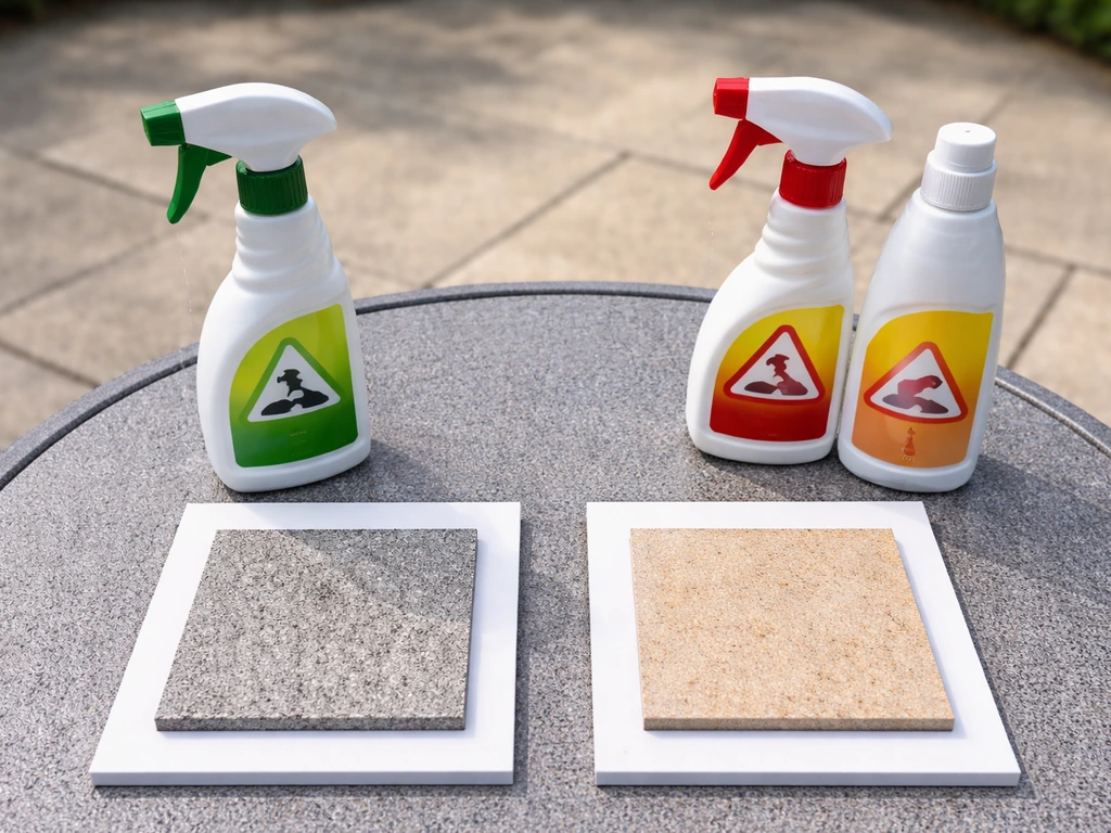 Two patio surface texture samples with two spray bottles and different acid-warning cues for correct matching.