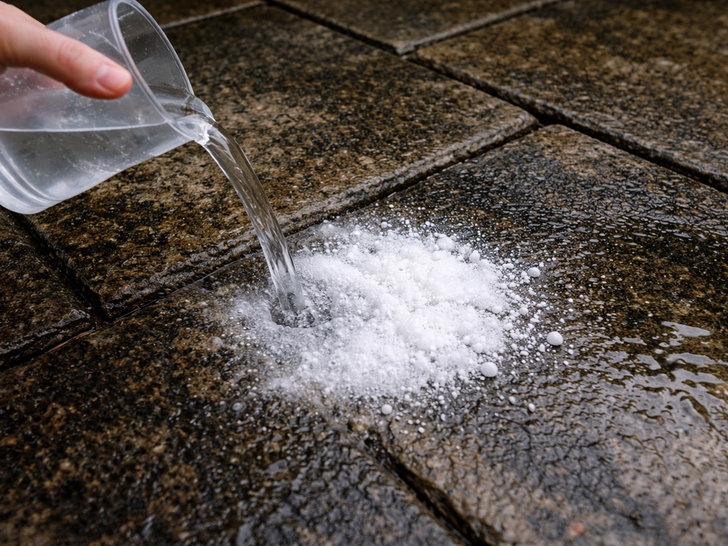 Close-up patio pavers: oxygen bleach bubbles on moldy algae, treated area brightening vs untreated.