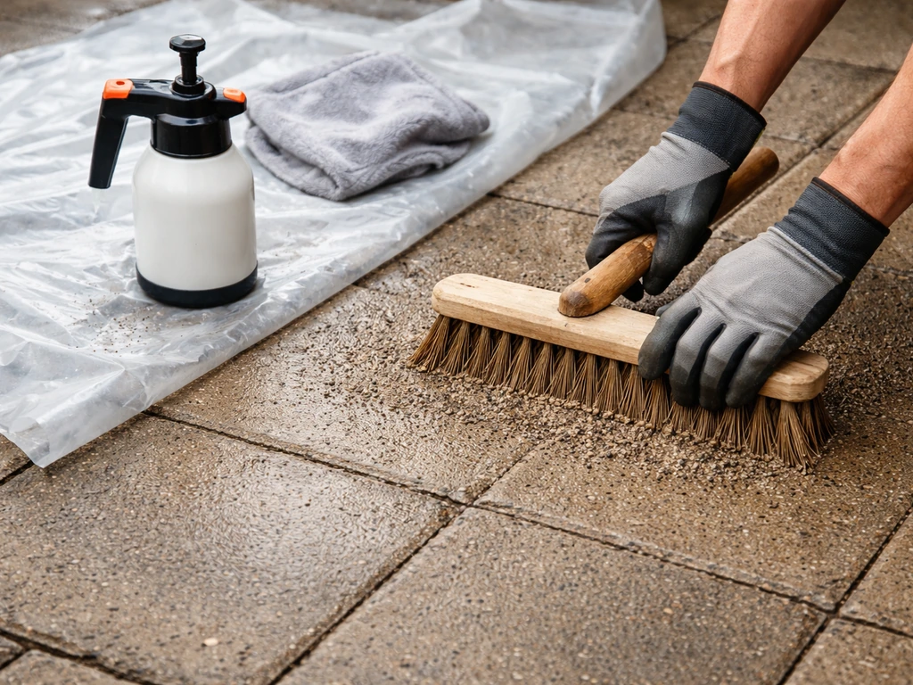Gloved hands scrub a rough patio and apply natural cleaner with a damp tarp soak setup.