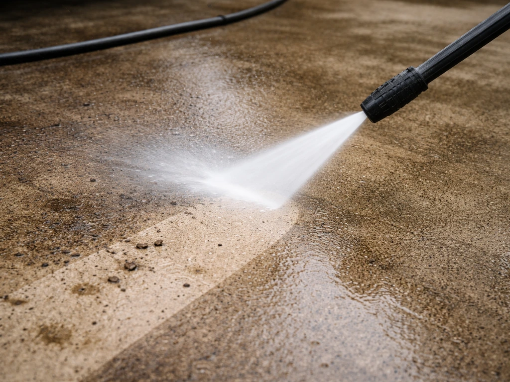 Pressure washer jet blasting a concrete patio, lifting dirt and grease spots near the hose