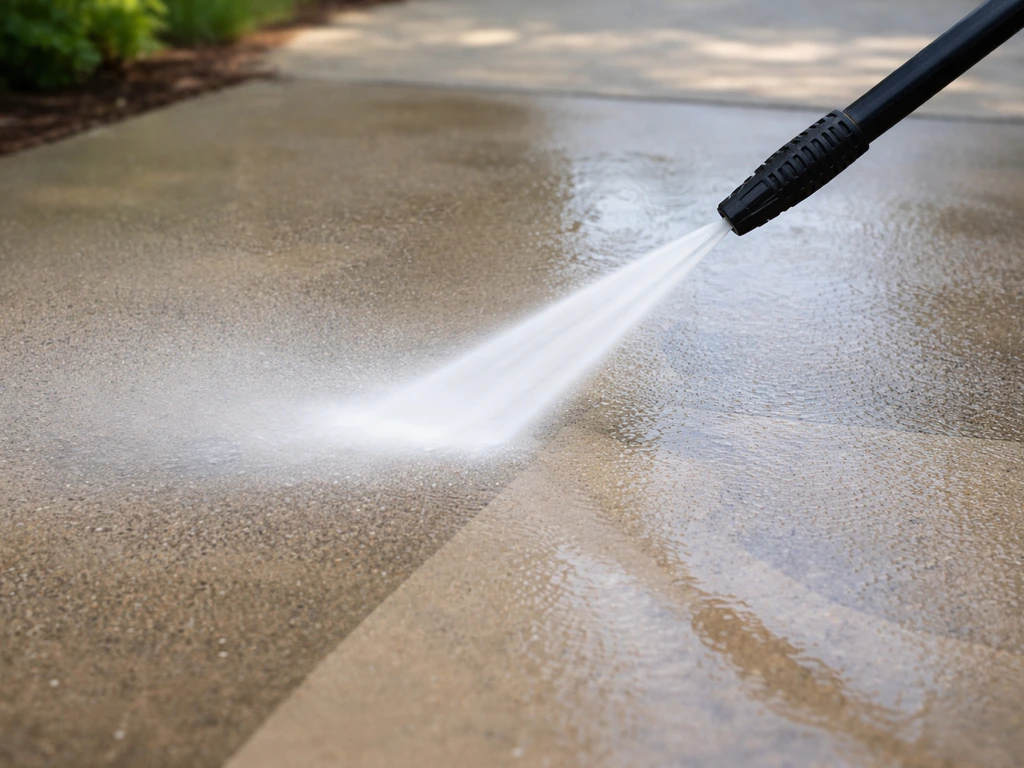 Handheld pressure washer spraying a concrete patio with visible water mist, light grime being cleaned