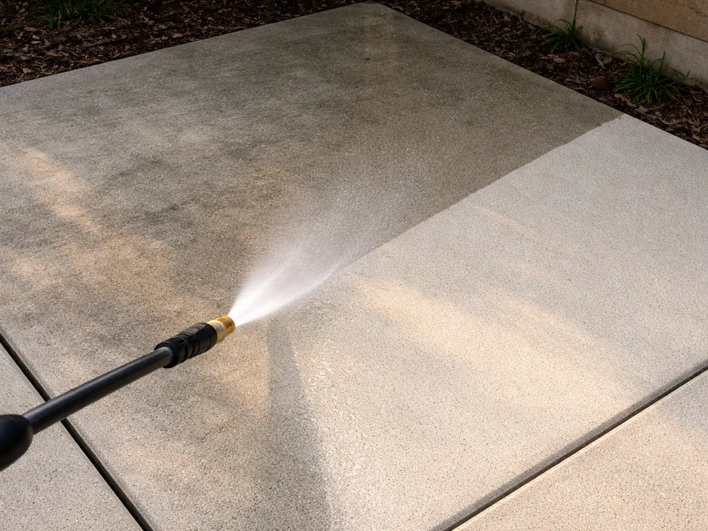 Concrete patio corner showing lightly dirty and freshly cleaned sections from a low-PSI pressure wash.