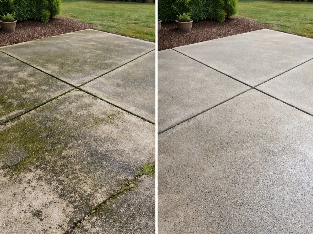Concrete patio before and after pressure washing, showing removed green mold/algae and cleaner gray surface.