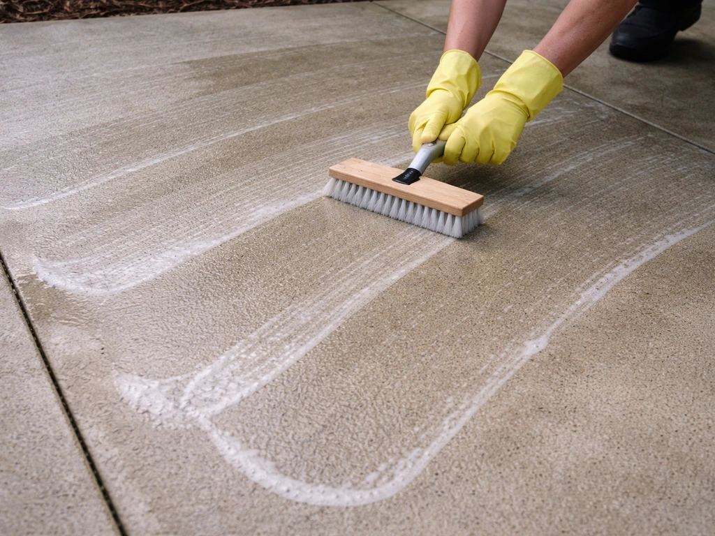 Close-up of a scrub brush making overlapping cleaning streaks on a concrete patio.