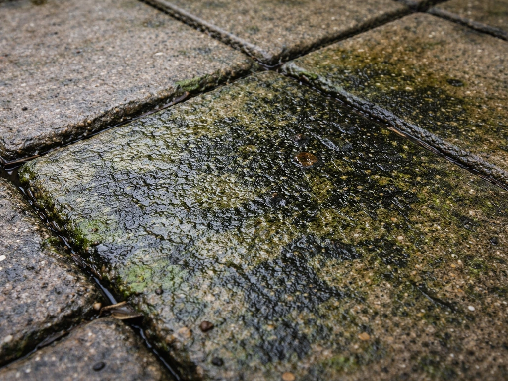 Close-up of a patio surface showing green and black slippery algae/mold film.