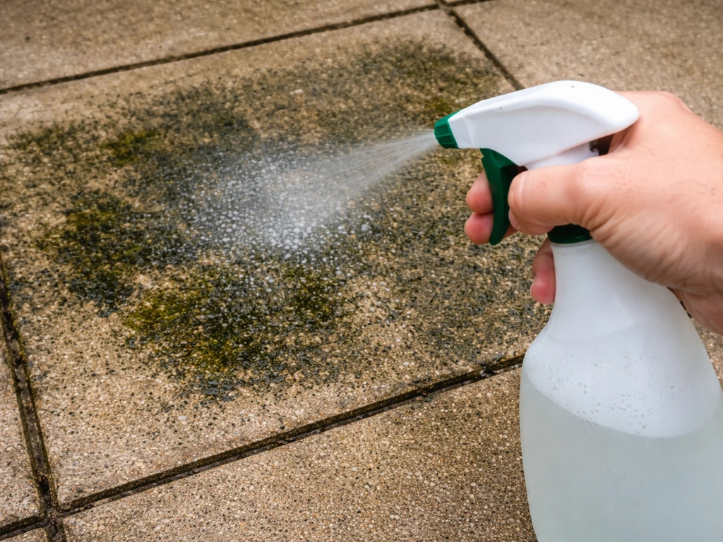 Person spraying sodium hypochlorite patio cleaner on stained outdoor paving to kill algae and moss