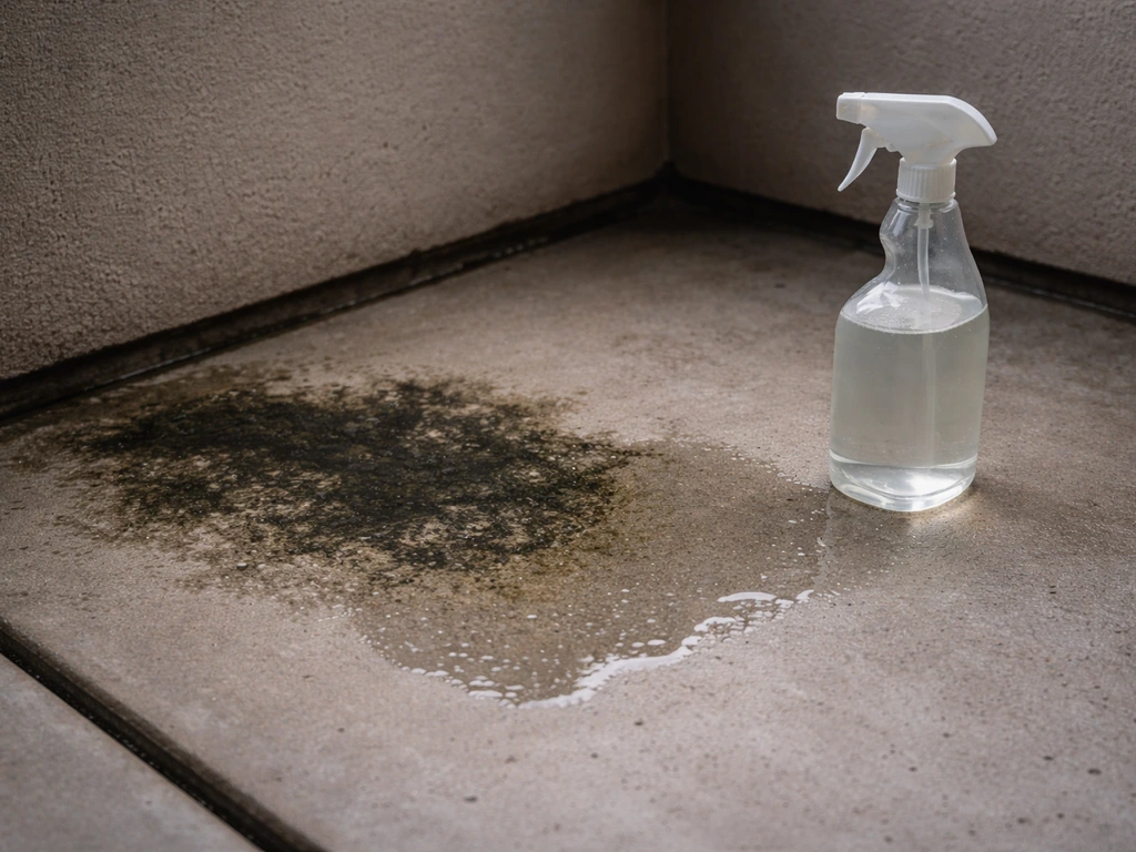 Outdoor patio with mildew patch and a single unlabeled patio cleaner spray bottle beside it.
