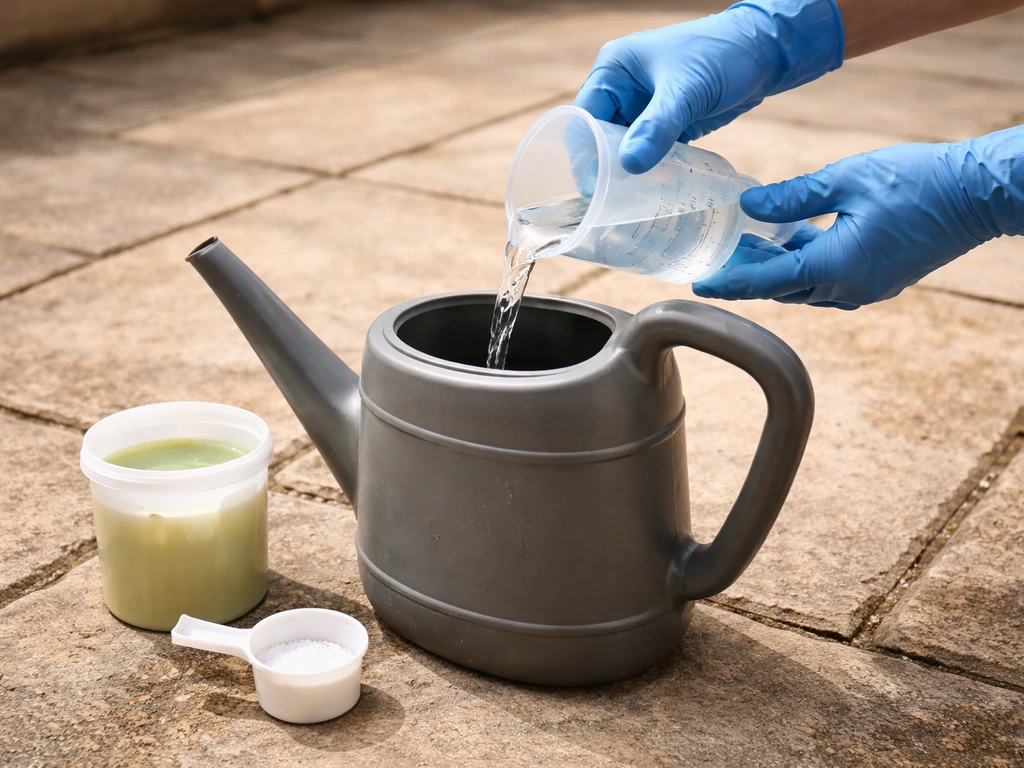 Gloved hands pouring measured cleaner dilution into a patio mixing container on a dry stone patio.